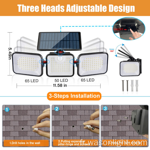 2023 Nouvelle télécommande 3 têtes Solar Motion Capteur Light 1000 Lumens 180 LED DE SÉCURITÉ LED 270 LUMILES MUR DE FONDE WIEL PLUS